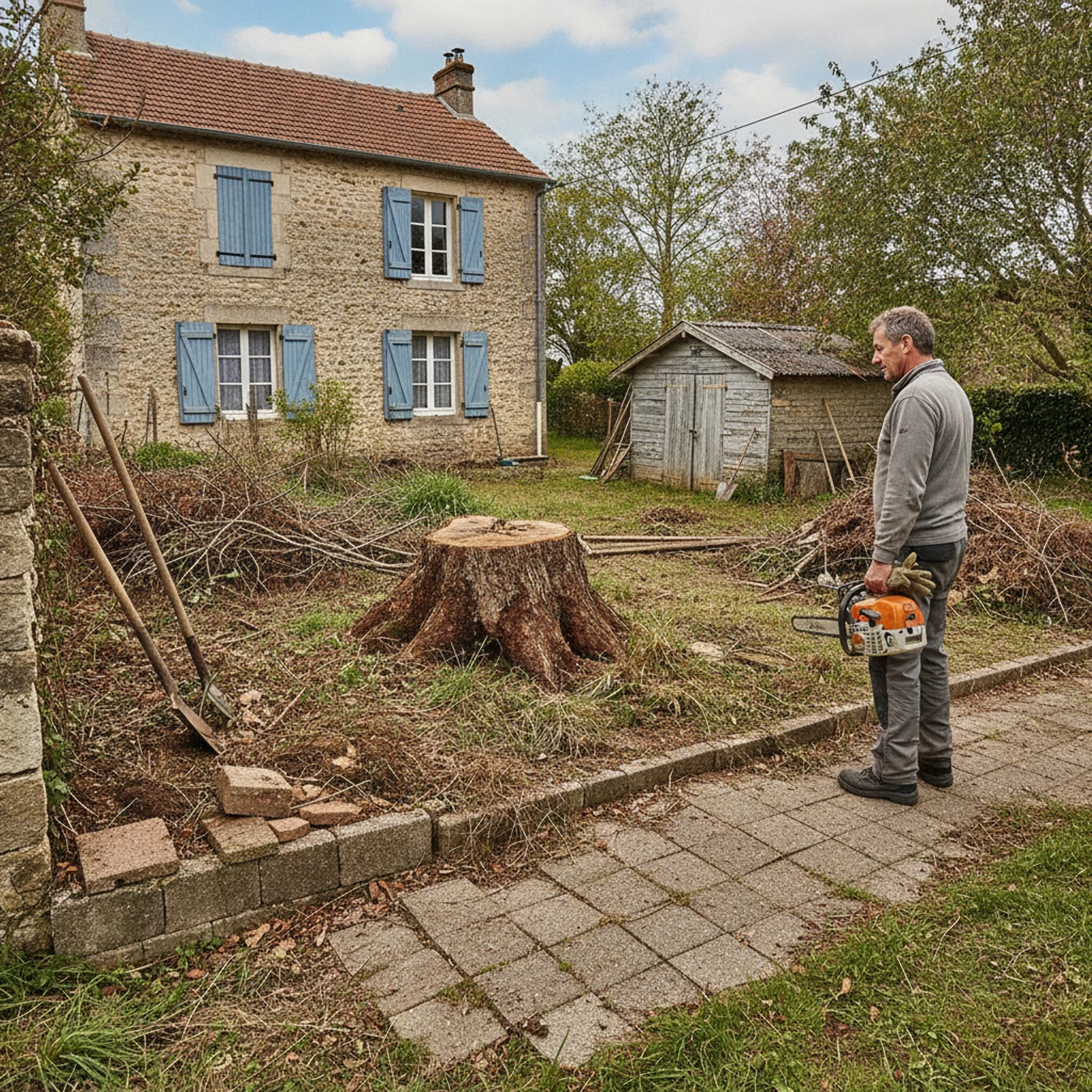 Souche gênante avant rognage dans un jardin de Cluny