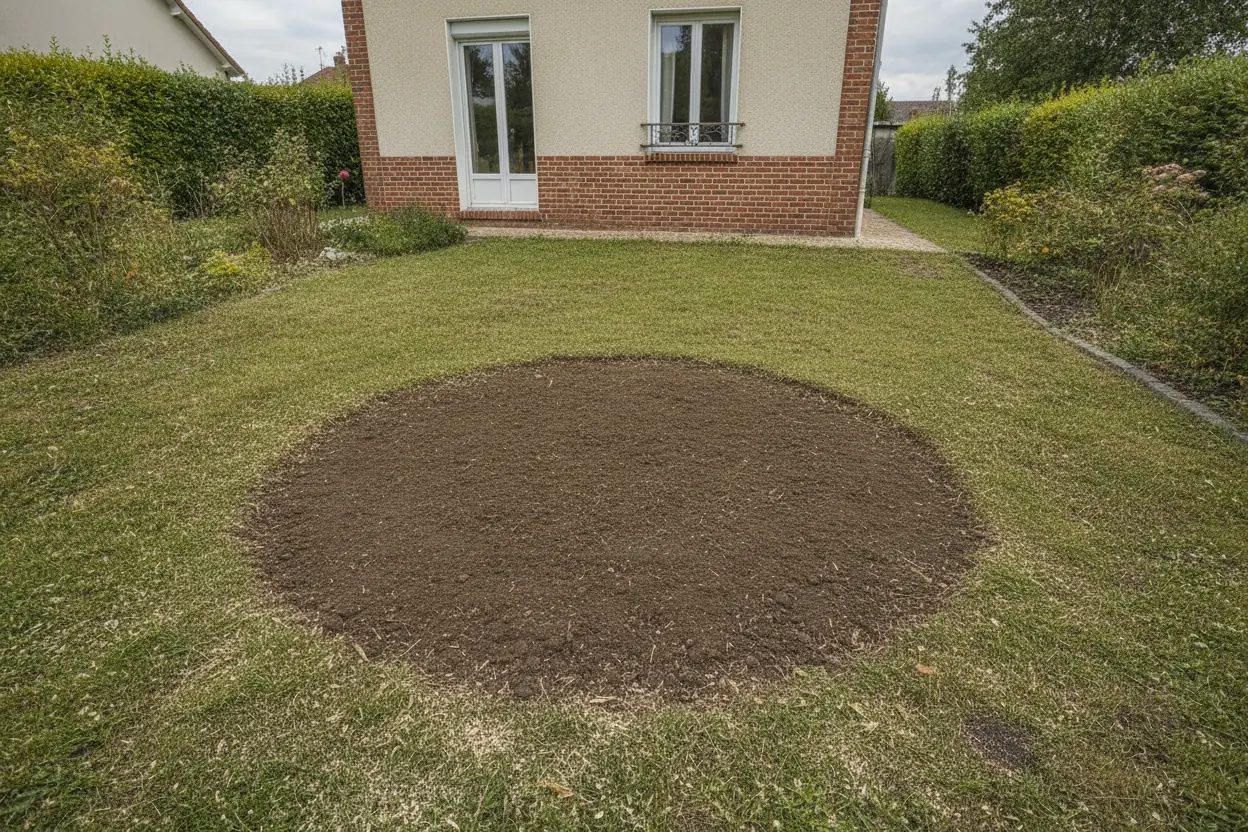 Terrain aplani après rognage de souche à la fraiseuse motorisée dans un jardin de Flacé à Mâcon
