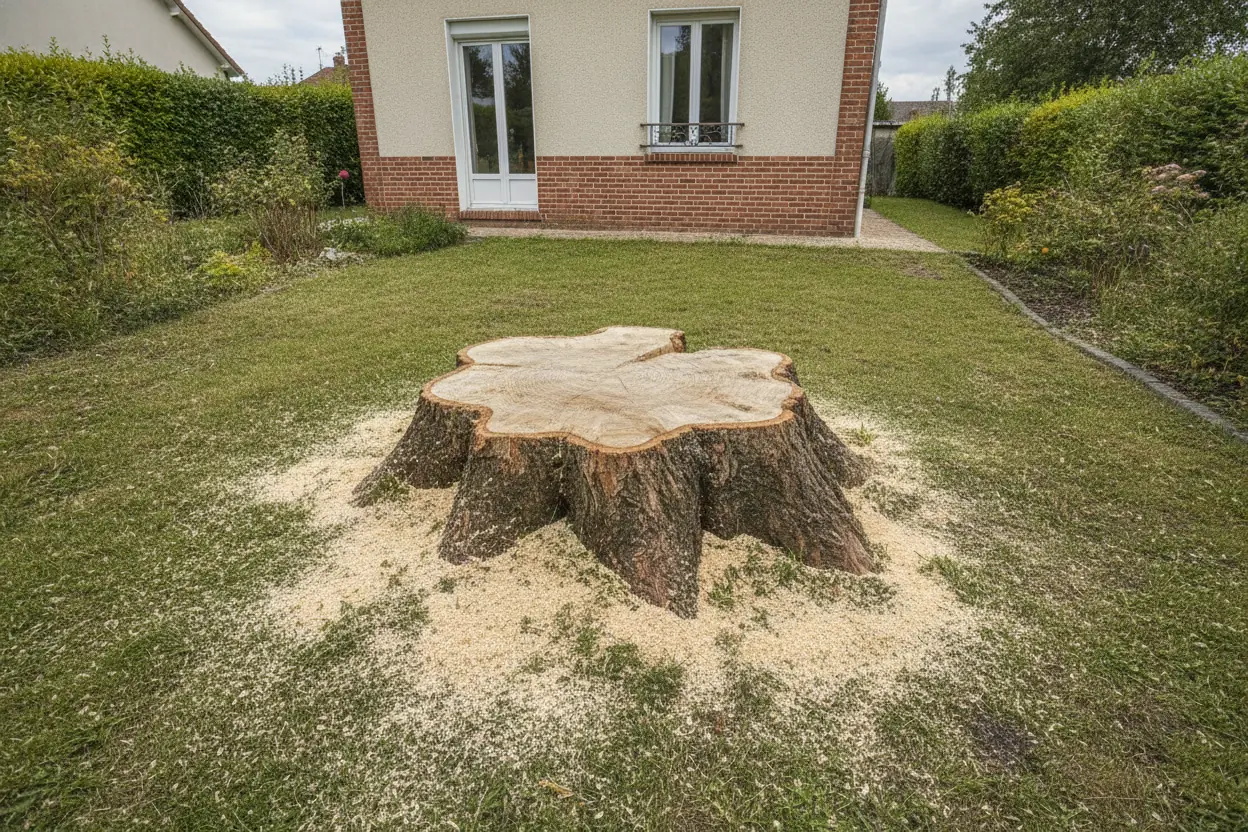Souche de frêne laissée après abattage dans un jardin pavillonnaire à Flacé, Mâcon