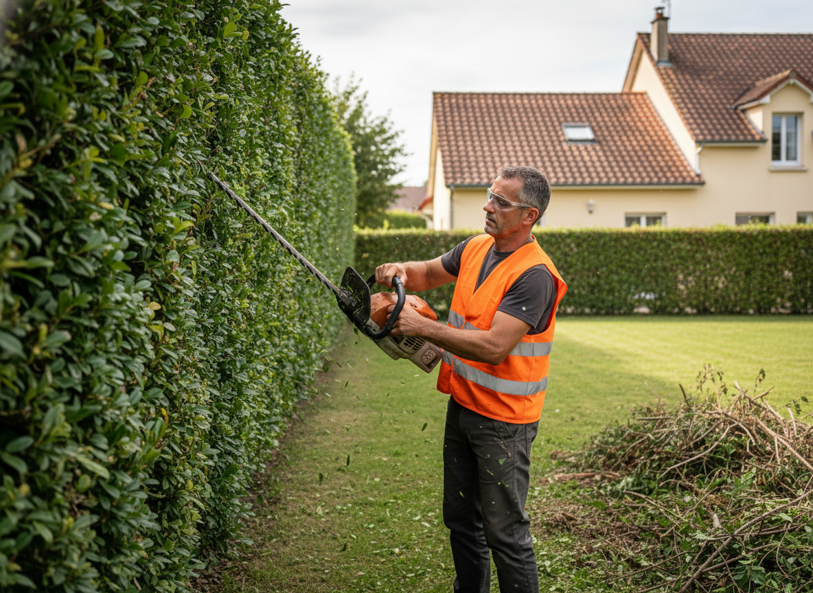Taille précise d'une haie de thuyas dans un jardin résidentiel de Bourg-en-Bresse