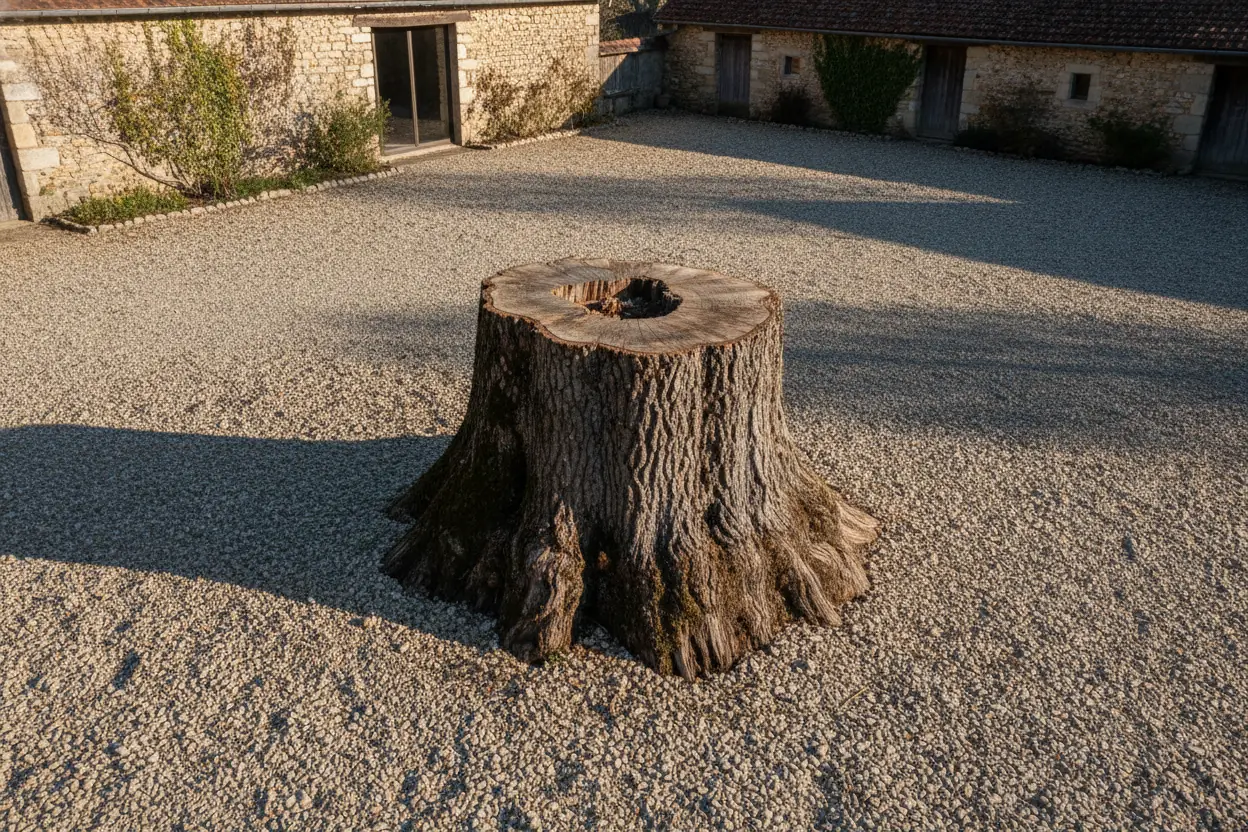 Souche de chêne volumineuse dans un jardin mâconnais avant intervention rogneuse