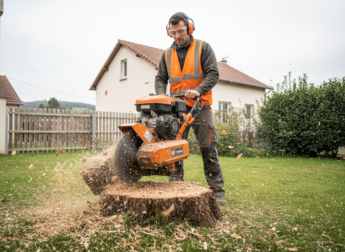 Machine à rogner les souches en action dans un jardin à Bourg-en-Bresse
