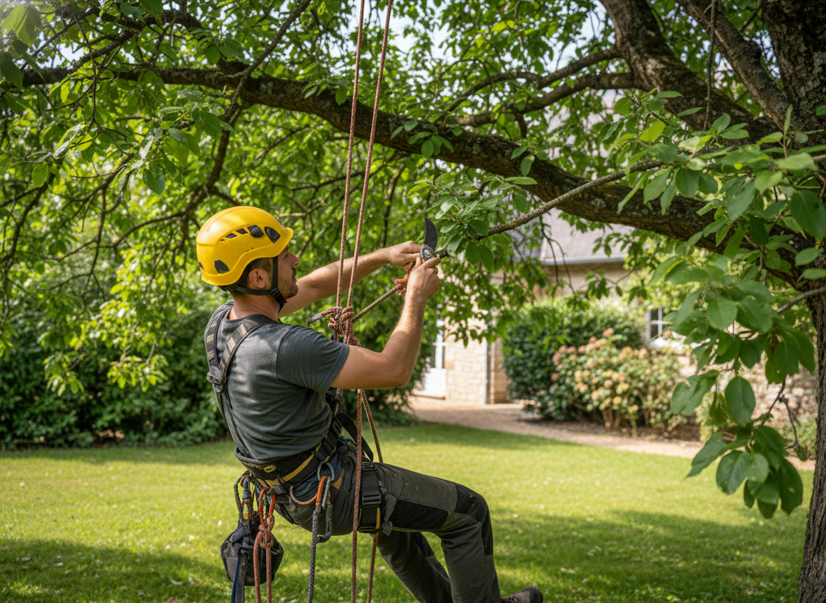 Arboriste grimpeur effectuant une taille douce sur un grand arbre à Bourg-en-Bresse