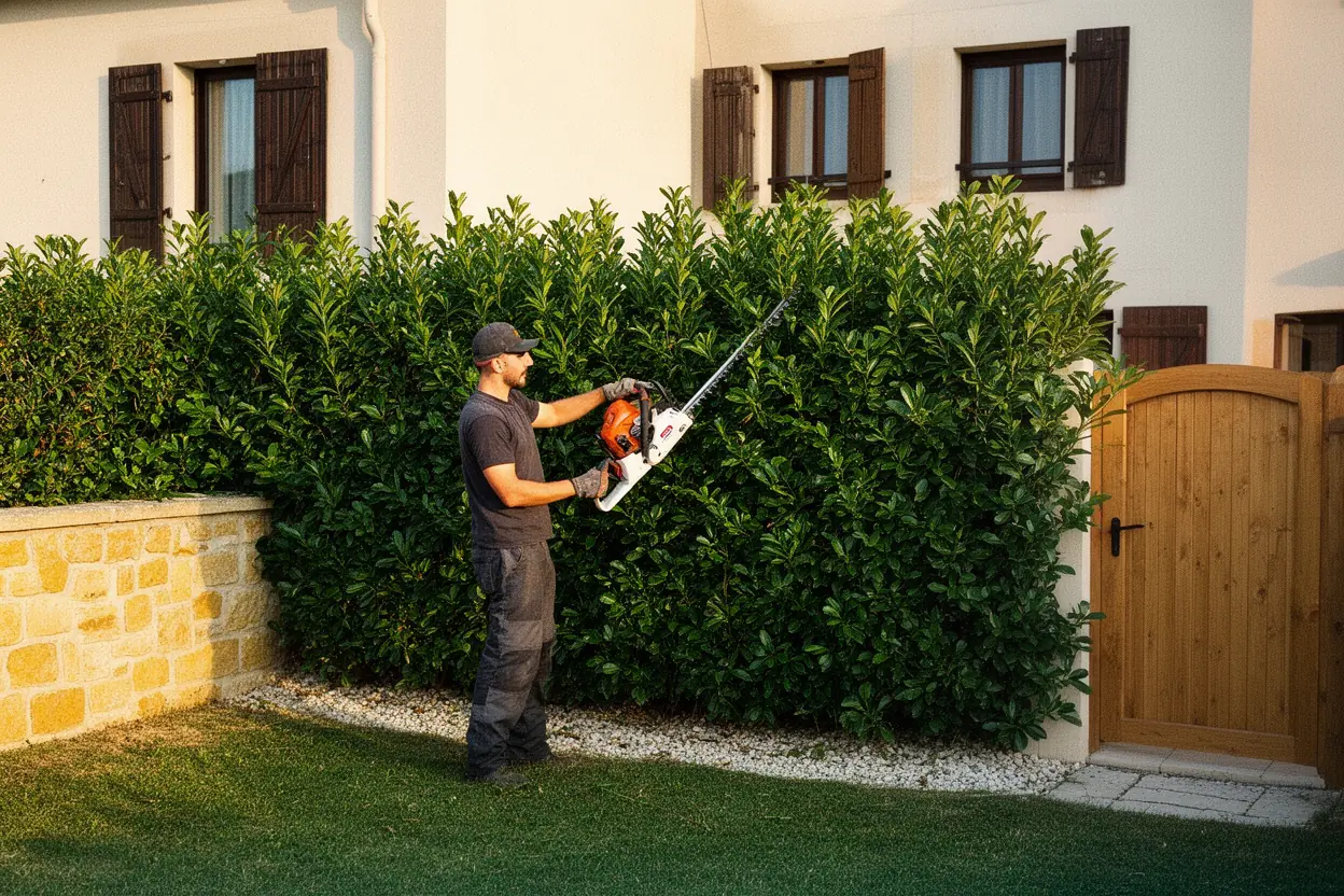Taille de haie dans un jardin résidentiel du Mâconnais