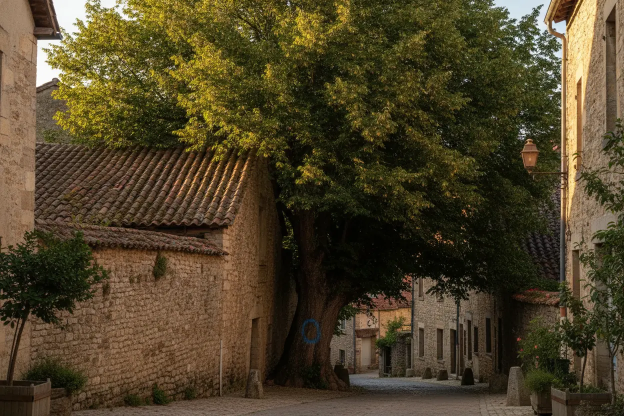 Grand arbre penché vers une toiture dans un jardin de Cluny avant intervention