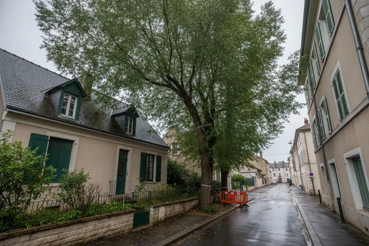 Grand peuplier penché au-dessus d’une toiture à Villefranche-sur-Saône avant intervention